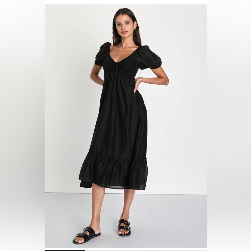 Lulus inspiring feelings black smocked puff sleeve midi dress